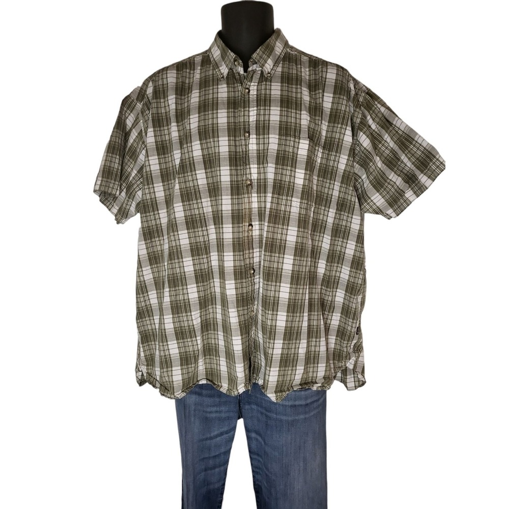 Wrangler Button Up Shirt Mens XXL Green White Wrinkle Resist Short Sleeve Casual